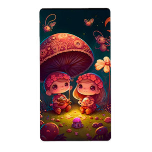 Lovely cute elves play under mushrooms