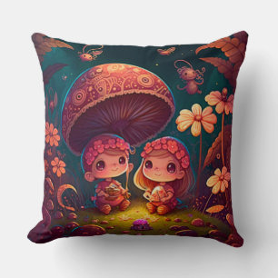 Lovely cute elves play under mushrooms     cushion