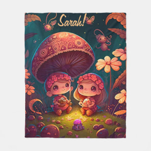 Lovely cute elves play under mushrooms            fleece blanket