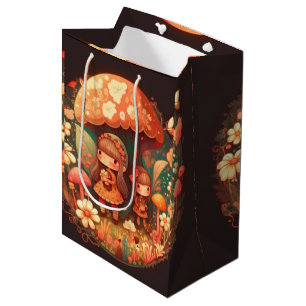 Lovely cute elves play under mushrooms    gift bag