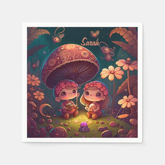 Lovely cute elves play under mushrooms      napkin (Front)