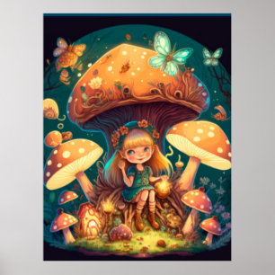Lovely cute elves play under mushrooms poster