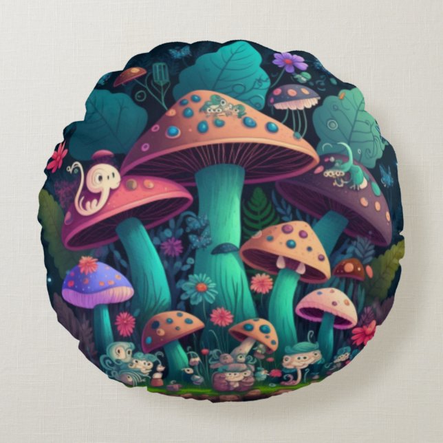 Lovely cute elves play under mushrooms  round cushion (Front)