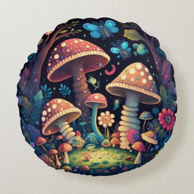Lovely cute elves play under mushrooms     round p cushion (Front)