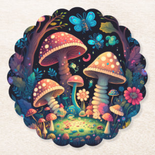 Lovely cute elves play under mushrooms  round pill paper coaster