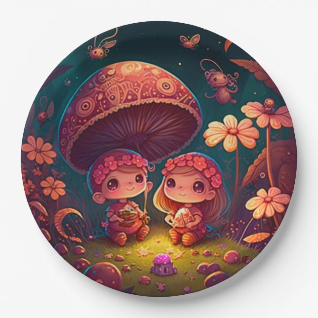 Lovely cute elves play under mushrooms  round pill paper plate (Front)