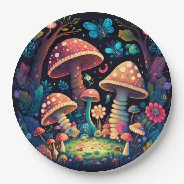 Lovely cute elves play under mushrooms  round pill paper plate (Front)