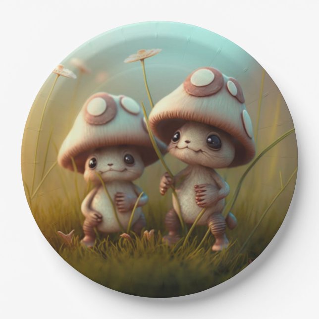 Lovely cute elves play under mushrooms  round pill paper plate (Front)