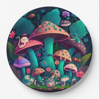 Lovely cute elves play under mushrooms round pill paper plate