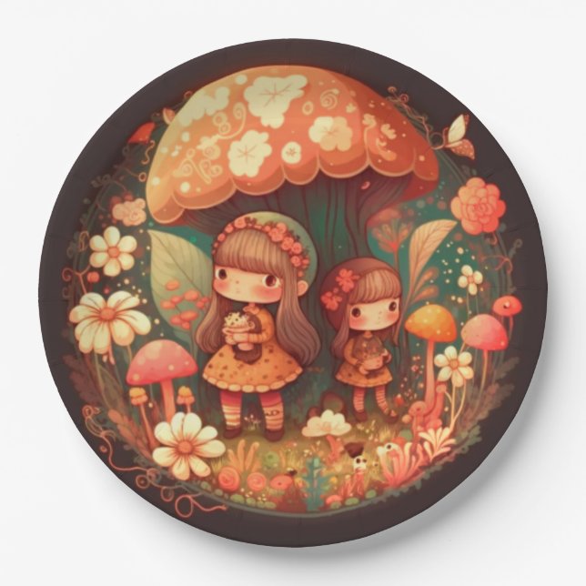 Lovely cute elves play under mushrooms  round pill paper plate (Front)