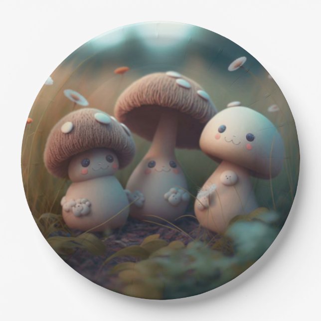 Lovely cute elves play under mushrooms  round pill paper plate (Front)
