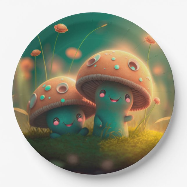 Lovely cute elves play under mushrooms  round pill paper plate (Front)