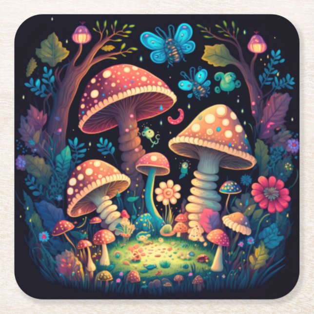 Lovely cute elves play under mushrooms  round pill square paper coaster (Front)