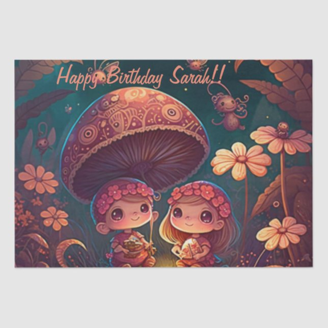 Lovely cute elves play under mushrooms         tissue paper (Front)