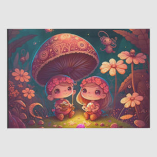 Lovely cute elves play under mushrooms tissue paper