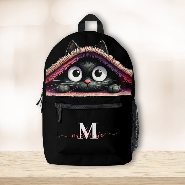 Lovely Cute Kitten Custom Monogram Script Name Printed Backpack (Lovely Cute Kitten Custom Monogram Script Name Printed Backpack on a wooden table)