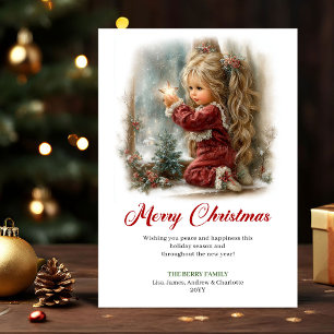 Lovely Cute Little Girl Christmas Scene Greeting Holiday Card