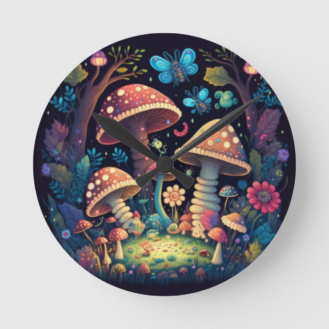 Lovely cute magic mushrooms   round clock (Front)
