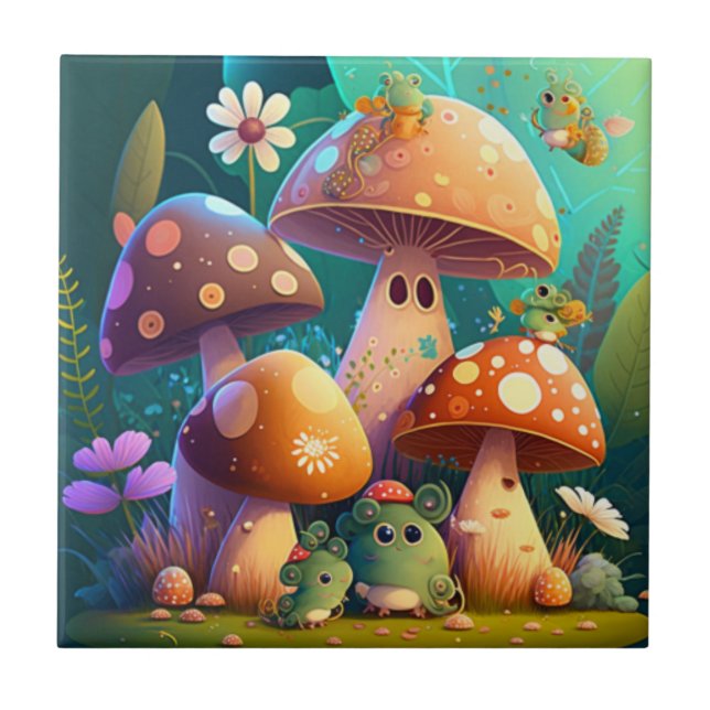 Lovely cute mushrooms ceramic tile (Front)