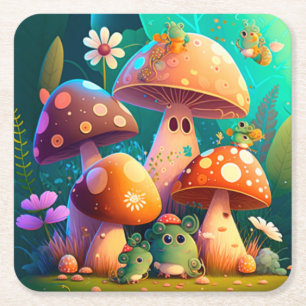 Lovely cute mushrooms square paper coaster