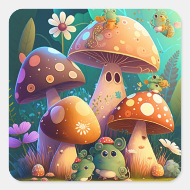 Lovely cute mushrooms      square sticker (Front)