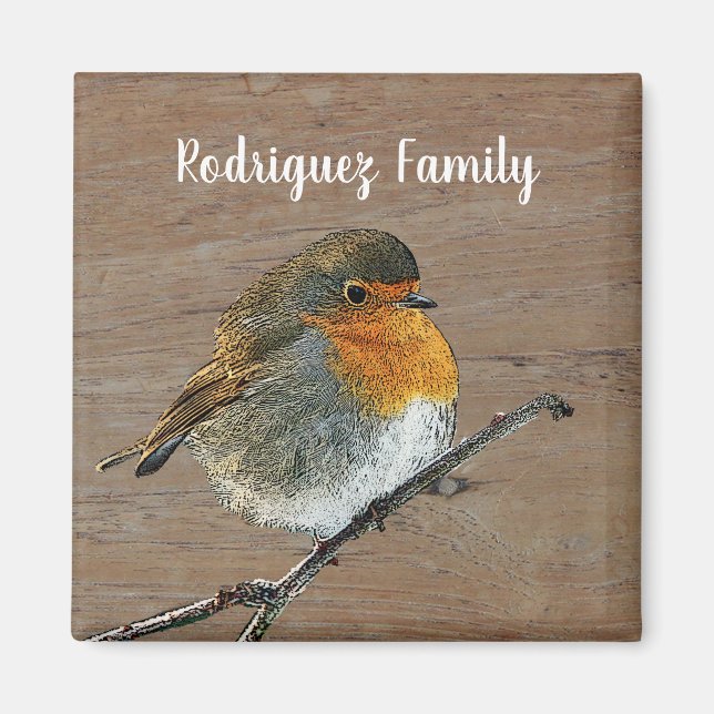 Lovely cute robin bird on wood family name magnet (Front)