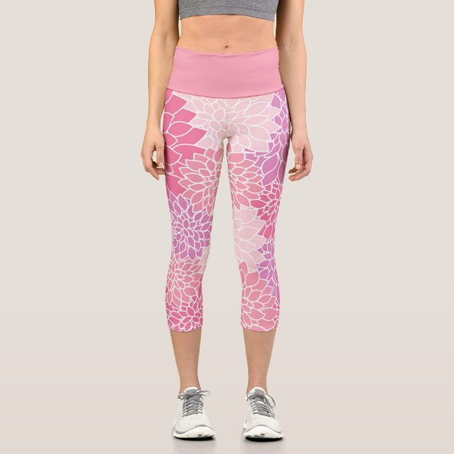 Lovely Dahlia Pink Purple Botanical Floral Capri Leggings (Front)