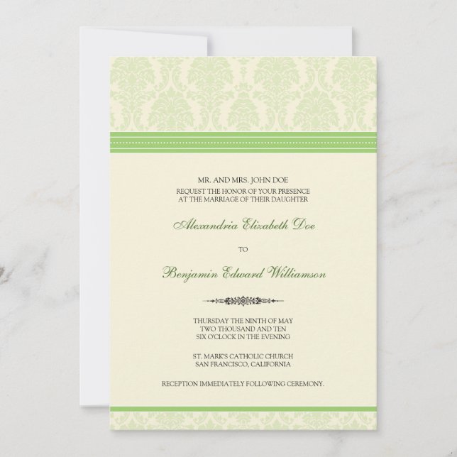 Lovely Damask Wedding Invitation (lime/cream) (Front)