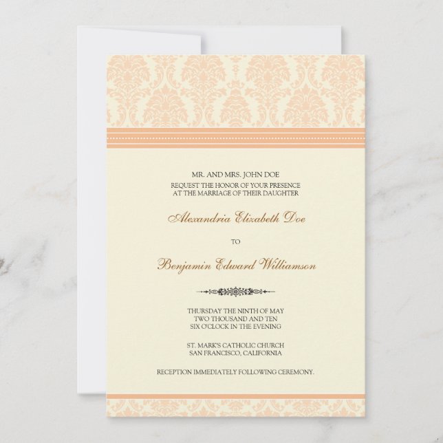 Lovely Damask Wedding Invitation (peach/cream) (Front)