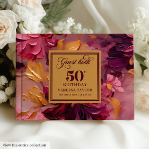 Lovely Dark Red Blush Gold Floral 50th Birthday Guest Book
