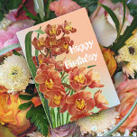 Lovely Deep Orange Winter Orchids Birthday Card<br><div class="desc">A bouquet of two beautiful deep orange orchids a pastel leaf background. The verse inside the card can kept changed or deleted so you can hand write your own.</div>