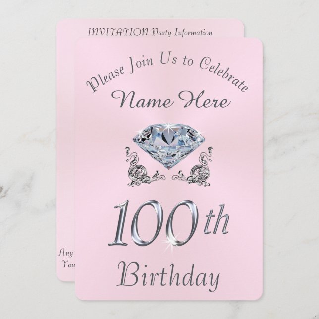 Lovely Diamond 100th Birthday Party Invitations (Front/Back)