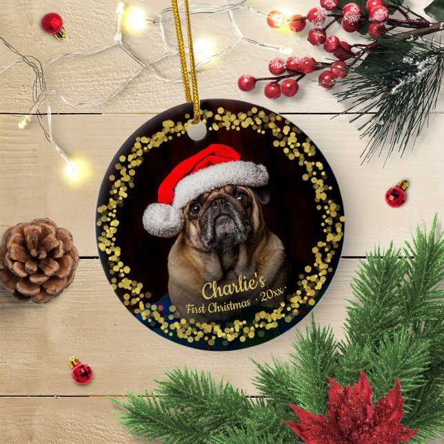Lovely Dog Puppy Pet First Christmas Photo Ceramic Ornament (Creator Uploaded)