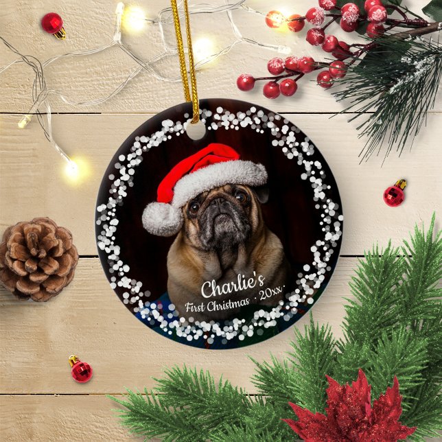 Lovely Dog Puppy Pet First Christmas Photo Ceramic Ornament (Creator Uploaded)