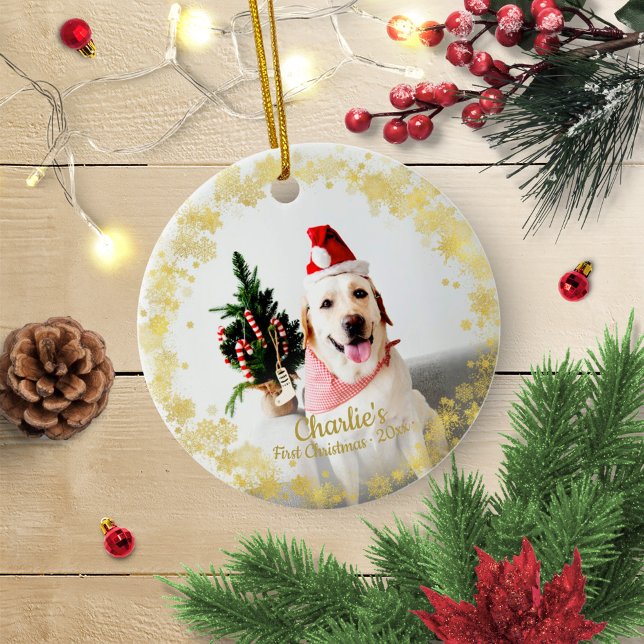 Lovely Dog Puppy Pet First Christmas Simple Photo Ceramic Ornament (Creator Uploaded)