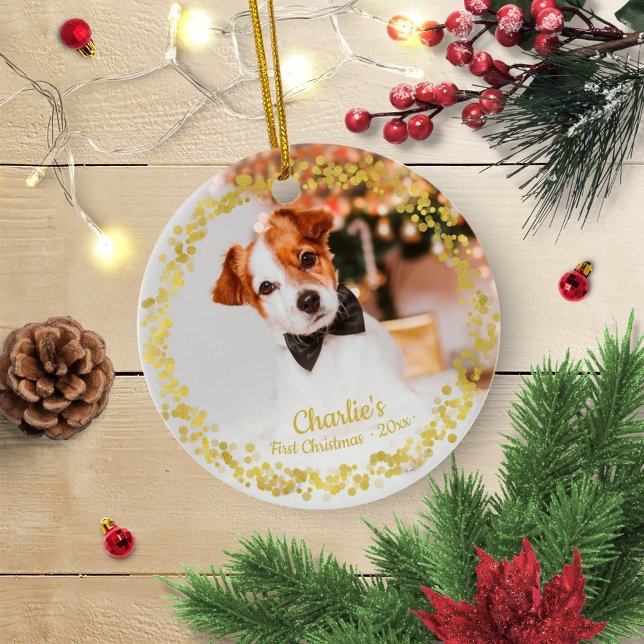 Lovely Dog Puppy Pet First Christmas Simple Photo Ceramic Ornament (Creator Uploaded)