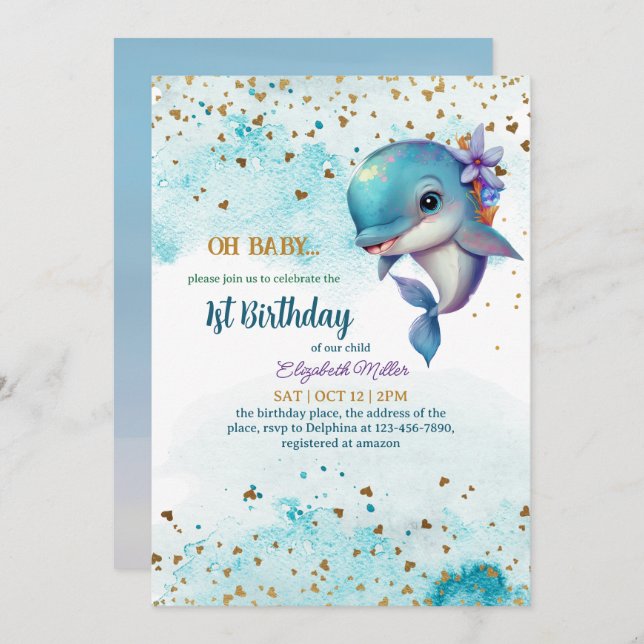 Lovely Dolphin Cute Baby Girl 1st Birthday Invitat Invitation (Front/Back)