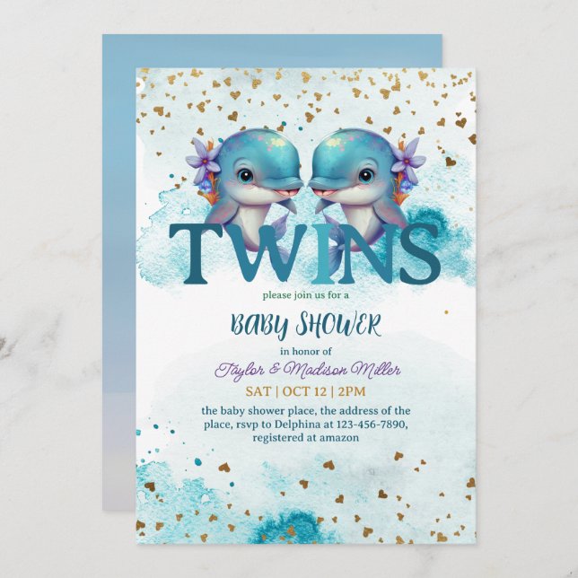 Lovely Dolphin Cute Baby Twin Boys Shower Invitation (Front/Back)