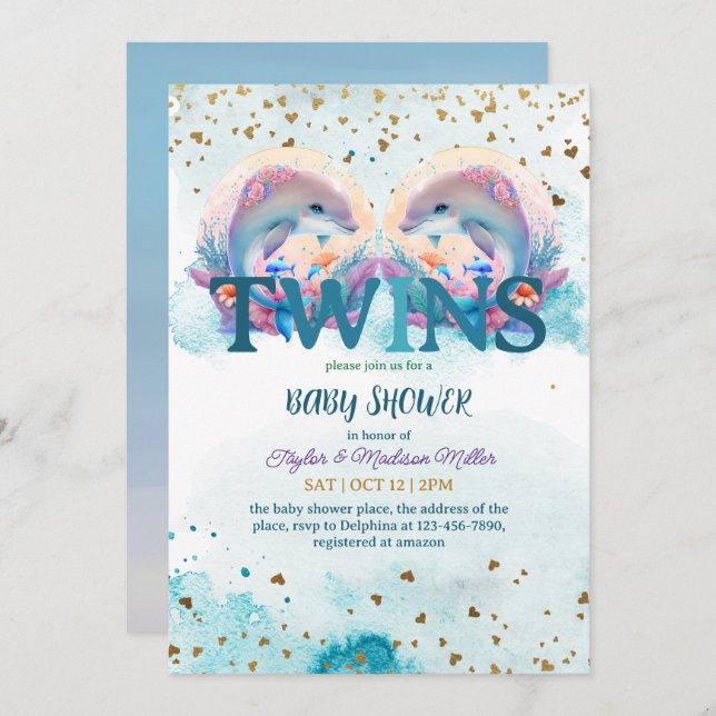 Lovely Dolphin Cute Baby Twins Shower Invitation (Front/Back)