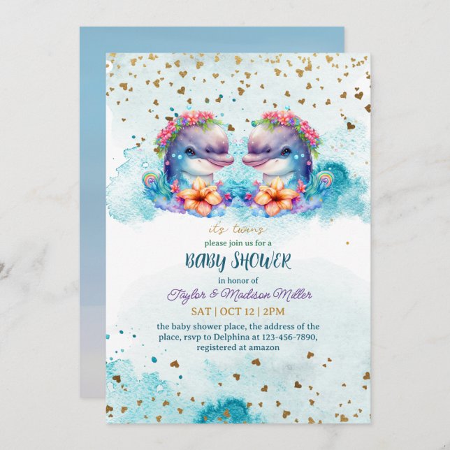 Lovely Dolphin Cute Twin Baby Boy Shower Invitation (Front/Back)