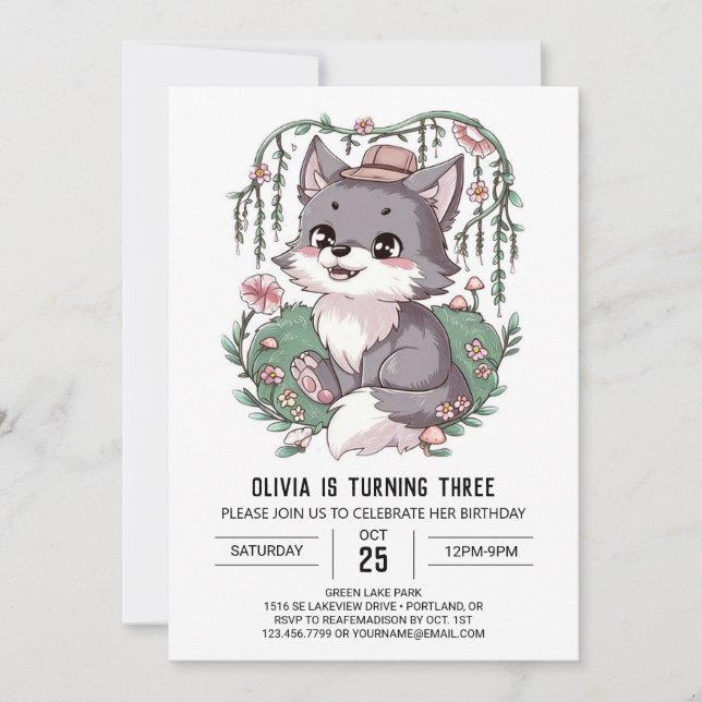 Lovely Dreamy Digital Wolf Birthday Invitation (Front)