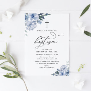 lovely dusty blue floral baptism invitation