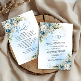 Lovely Dusty Blue Floral Gold Wedding Info Card