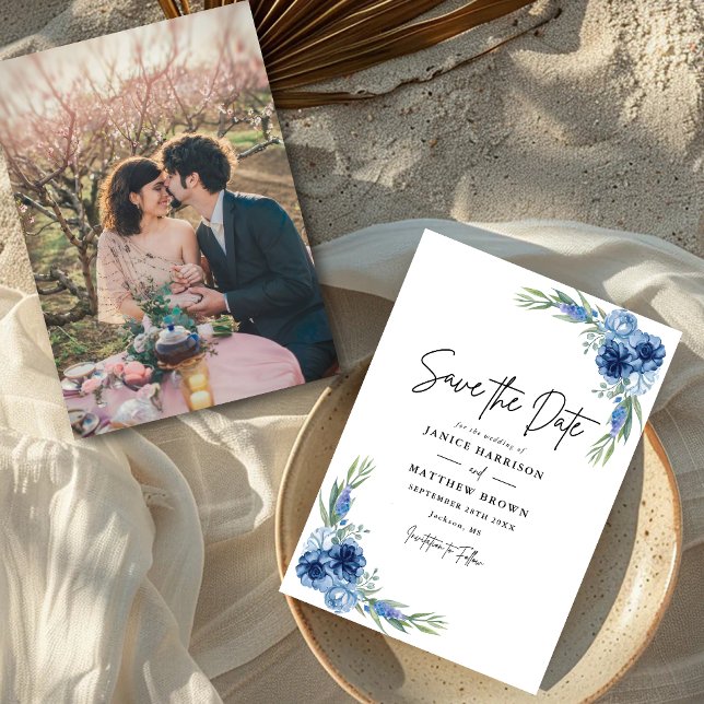 Lovely Dusty Blue Floral Photo Wedding Save The Date (Creator Uploaded)