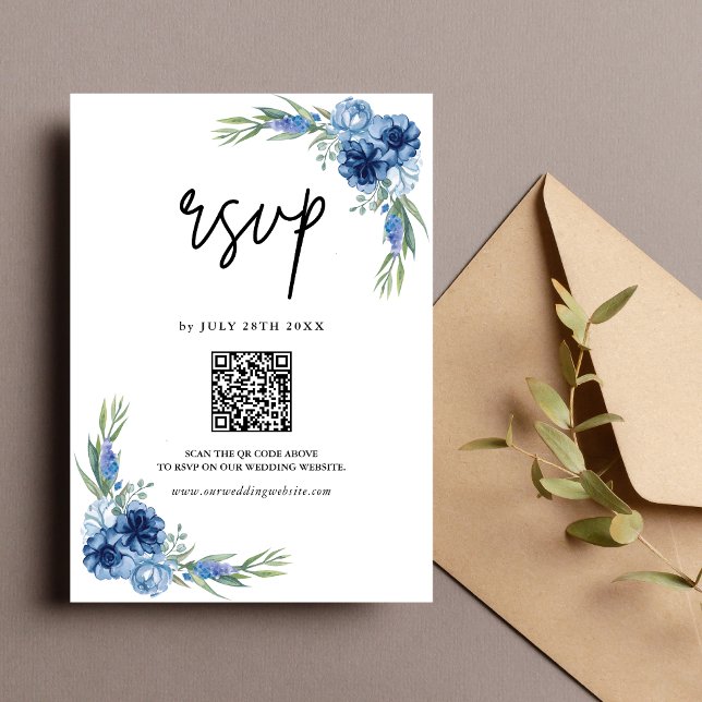 Lovely Dusty Blue Floral QR Code Wedding RSVP Card (Creator Uploaded)