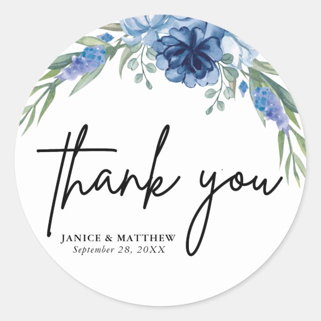 Lovely Dusty Blue Floral Wedding Classic Round Sticker (Front)