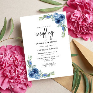 Lovely Dusty Blue Floral Wedding Invitation