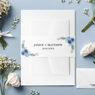 Lovely Dusty Blue Floral Wedding Invitation Belly Band