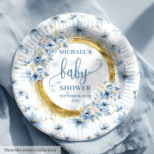 Lovely dusty blue flowers gold boho personalized   paper plate