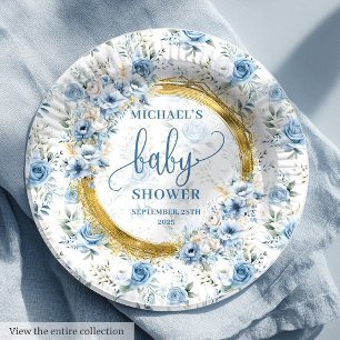 Lovely dusty blue flowers gold personalized baby paper plate